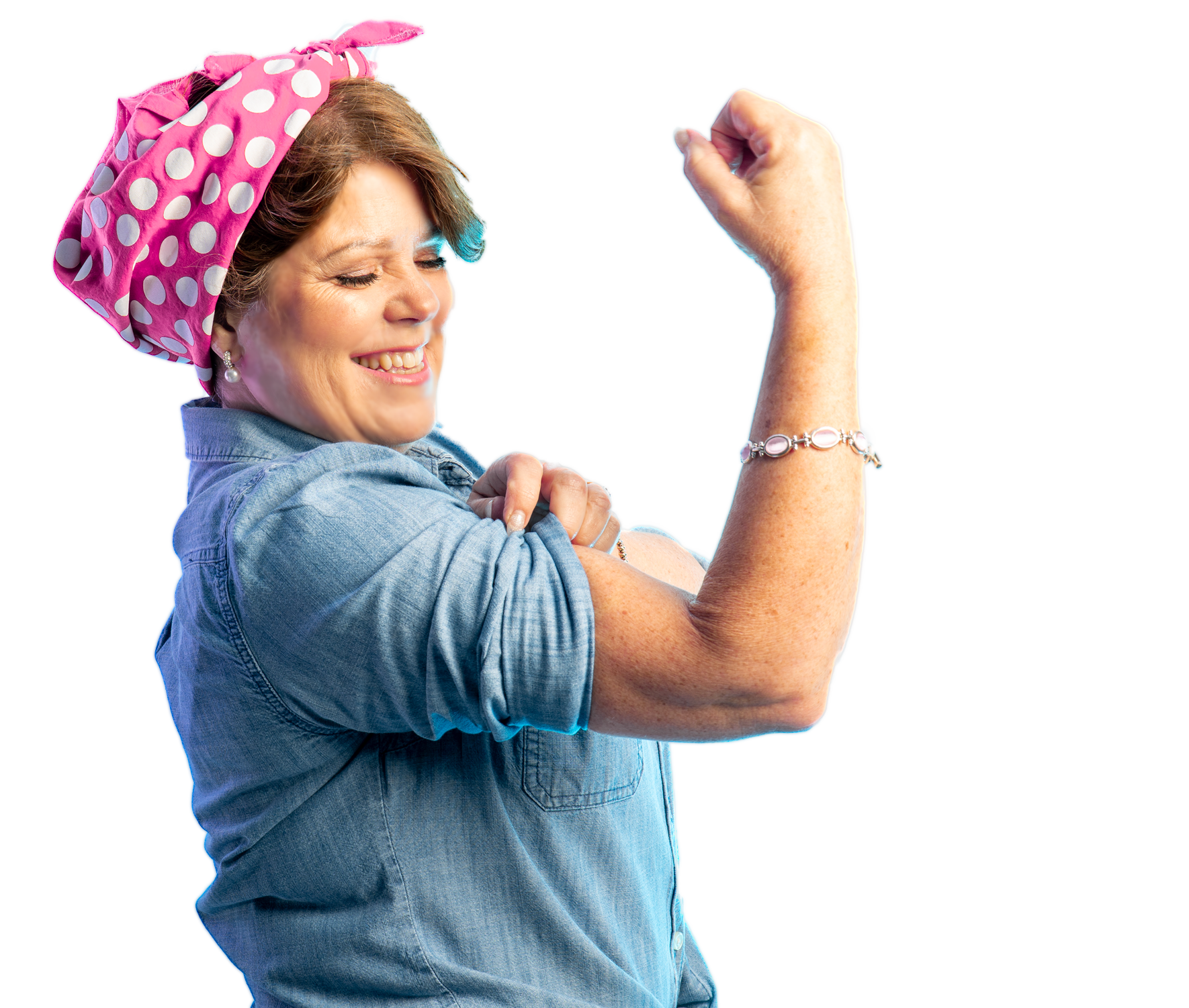 A woman (Theresa) does the Rosie Riveter pose with a bandana on her head.